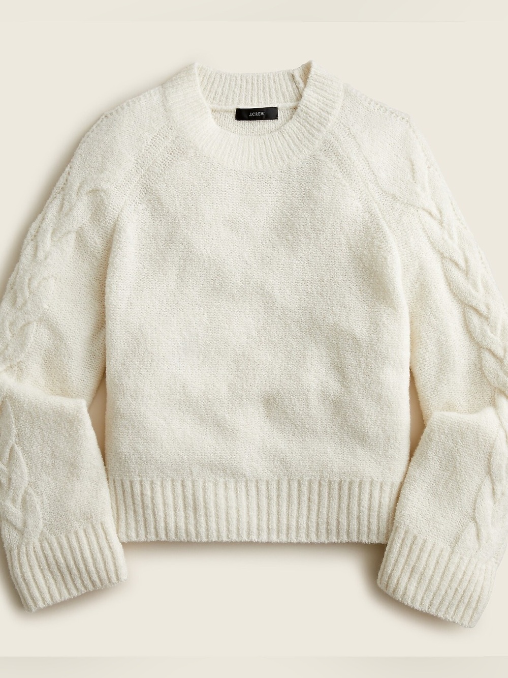J. Crew Cashmere crewneck bouclé cable-sleeve sweater Size XS Ivory *F - Picture 2 of 12